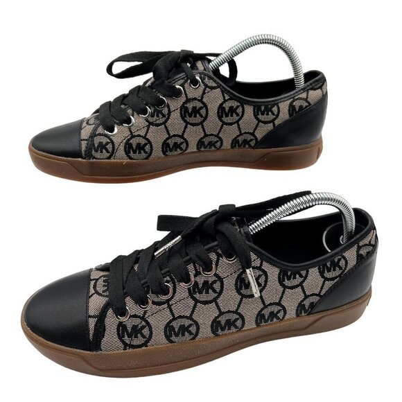 Michael Kors Womens 7M MK Logo City Sneakers Blk Silver Canvas Shoe Jacquard New - Picture 1 of 15